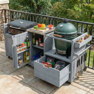 English Elm K&k 80.5 Inch Outdoor Kitchen Island Solid Fir Wood Stainless Steel Grill Cart Station Grey+Blue N707P392140G