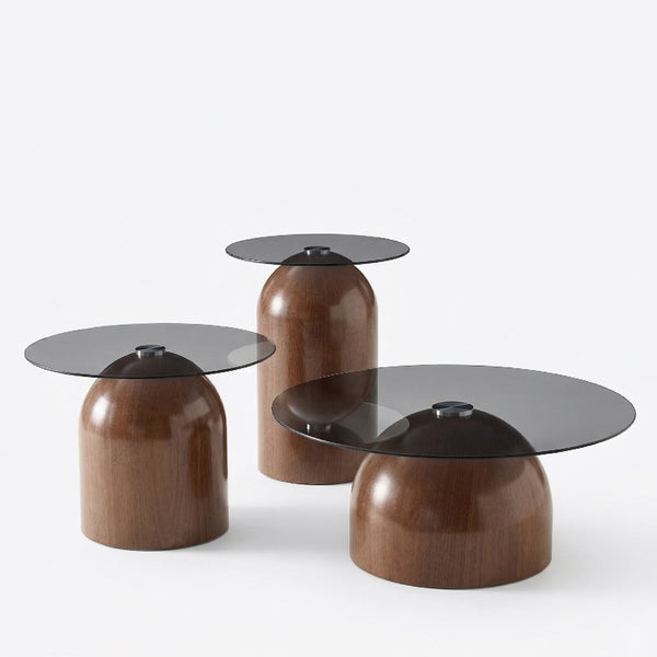 English Elm Nesting Coffee Tables Set of 3 Round Tempered Glass Tops Walnut Steel Base Living Room W2920S00149