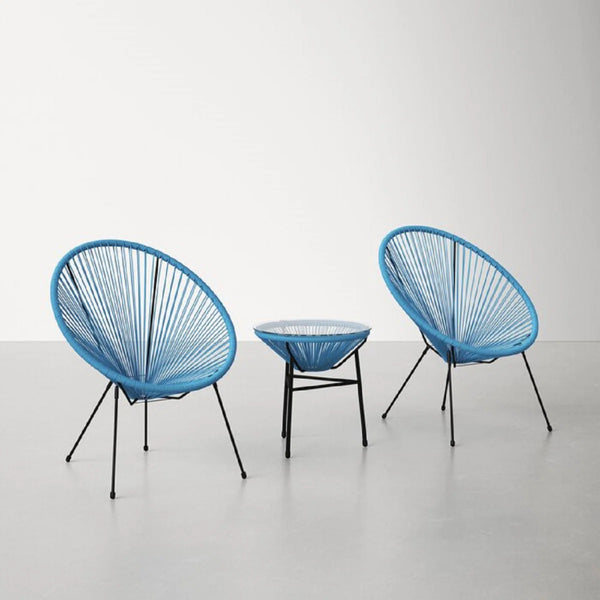 English Elm 3-Piece Rattan Outdoor Seating Set with Glass Table and Ergonomic Lounge Chairs, Weather-Resistant Turquoise B120S00216