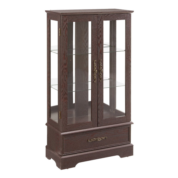 English Elm Glass Cabinet Vintage Carved Metal Handle Lighted Curio Display with Adjustable Glass Shelves, Drawer, Anti-Tip Strap Cherry W2275P178888