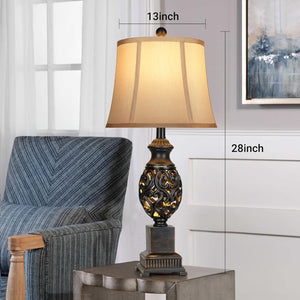 English Elm Table Lamps 28" Tall Set of 2 Rustic Farmhouse Nightstand Lamps with Linen Shades, Nightlight & 4-Way Switch (Black) W3355P379350
