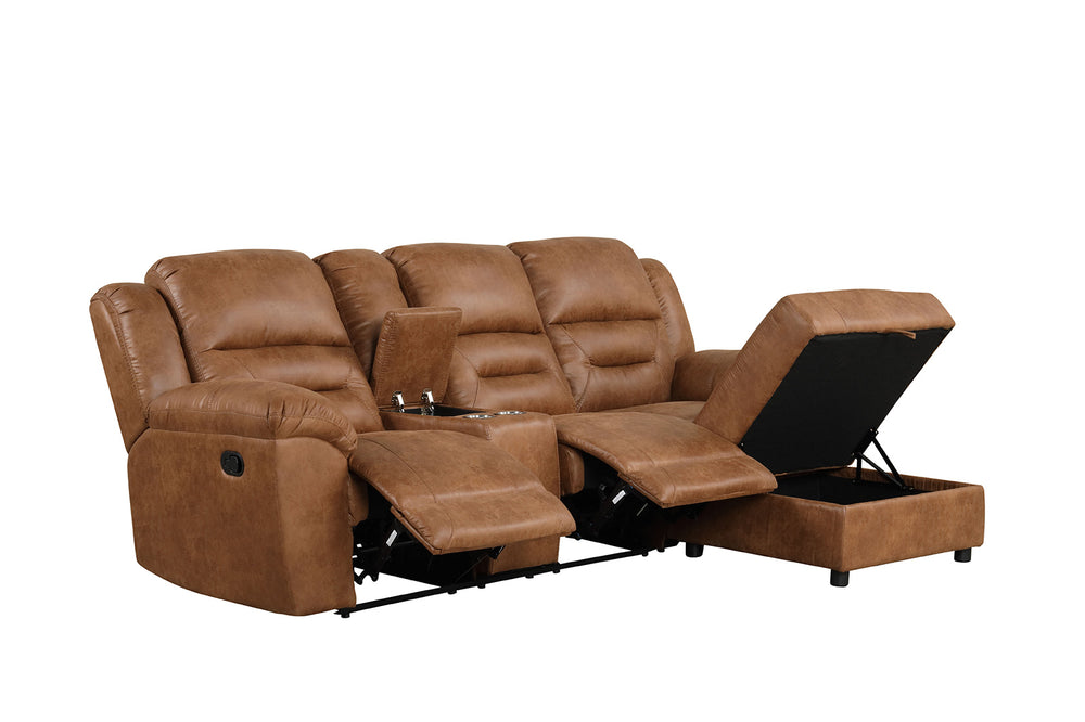 English Elm Contemporary Saddle Brown Leatherette 2pc Sectional Sofa with Console, Chaise Storage, 2 Recliners, Adjustable Backrest B2741S00322