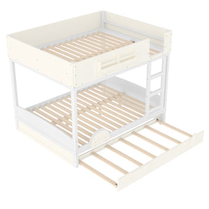 English Elm Queen Bunk Bed with Trundle Solid Pine Kids Car Themed Frame Built-in Bookshelf Beige+White W1580S00446
