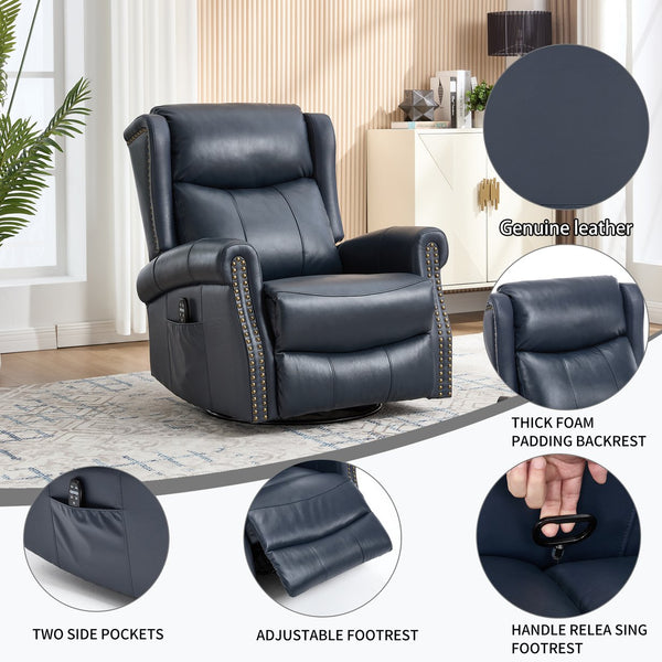 English Elm Heat Massage Rocker Swivel Recliner in Genuine Leather with Lumbar Relief for Living Room W3224S00012