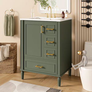 English Elm 24" Olive Bathroom Vanity Solid Wood Frame Ceramic Sink Gold Hardware Soft Close Olive Green N729P373272F