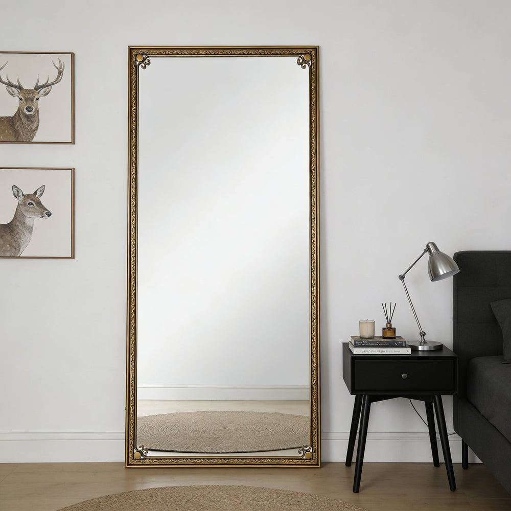 English Elm Full Length Cast Iron Floor Mirror Arched Beaded Frame Antique Gold Bedroom Accent W3040P455744