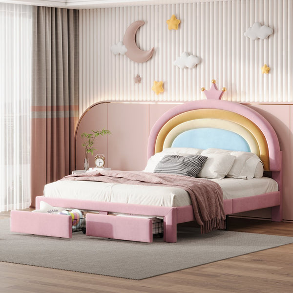 English Elm Full Velvet Rainbow Platform Bed with Storage Drawer, Pink Upholstered Princess Frame, No Box Spring Needed N733P234609H