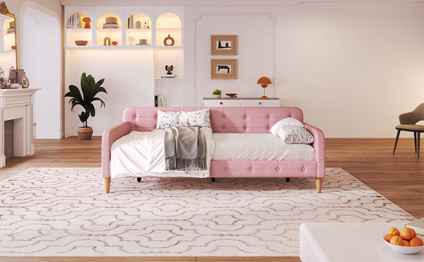 English Elm Twin Upholstered Daybed with Pine Frame and Linen Fabric, Button-Tufted High Sideboard, 79" L Pink N709P266225H