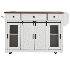 English Elm K&K 58" Farmhouse Kitchen Island with Sliding Barn Door, Drop Leaf, Glass Rack, Locking Wheels, Power White N707P349811W