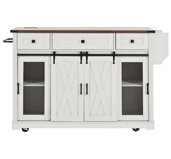 English Elm K&K 58" Farmhouse Kitchen Island with Sliding Barn Door, Drop Leaf, Glass Rack, Locking Wheels, Power White N707P349811W