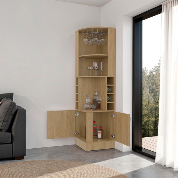 English Elm Cairo Corner Bar Cabinet with Glass Rack Wine Storage and Double Door Walnut Finish Natural B097S00272