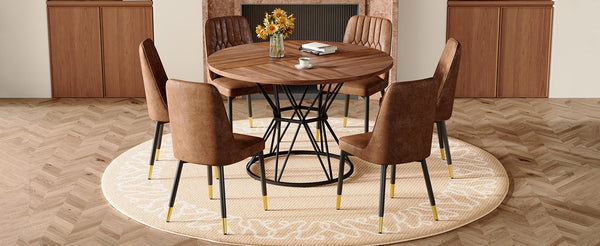 English Elm Table and Chair Set Round Walnut Mdf Top Six Seat Dining with Gold Accent Legs W1151S04846