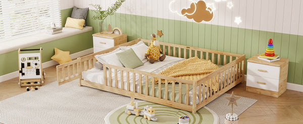 English Elm Queen Rubberwood Floor Bed with Perimeter Fence and Latch Door for Toddler Safety W504P370525