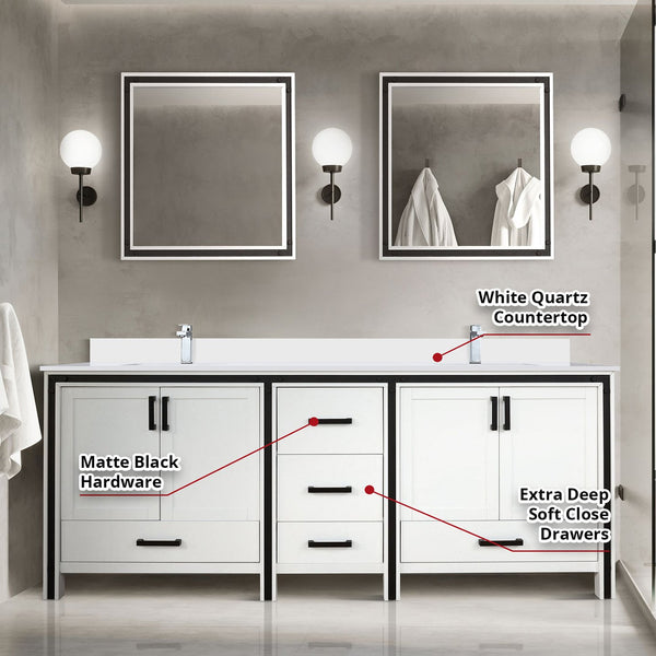 English Elm White Double Bath Vanity 84 in. W x 22 in. D with White Quartz Top, Chrome Faucet & Dual 34" Mirrors Durable B2731S01135