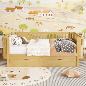 English Elm Twin Kids Platform Bed Solid Pine White Finish with Storage Drawers and Safety Rails Natural W2593P409119