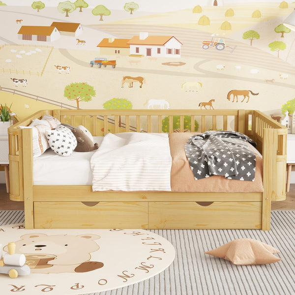 English Elm Twin Kids Platform Bed Solid Pine White Finish with Storage Drawers and Safety Rails Natural W2593P409119