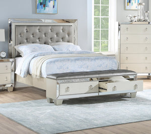 English Elm Glam Tufted Queen Bed with Mirrored Accents and Dual Underbed Storage Drawers for Luxe Bedrooms Grey,Silver 91 L x 10 W x 6 H B011S01993