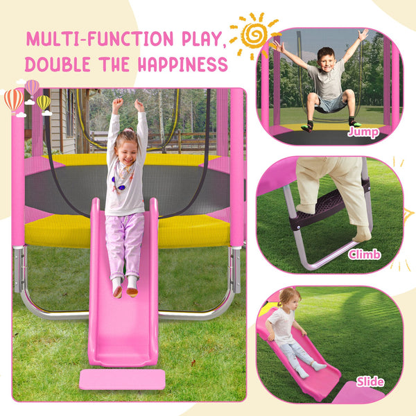 English Elm 7ft Hexagonal Kids Outdoor Trampoline with Enclosure Net Slide and Ladder Pink N739P272805P