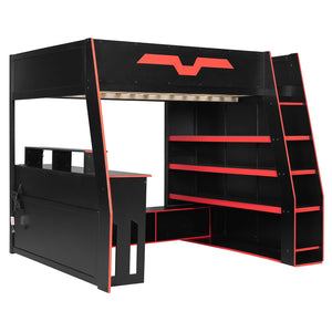 English Elm Full Size Wood Loft Bed with Rgb Lighting Desk and Multi-tier Shelves for Gaming Red LT000374AAR