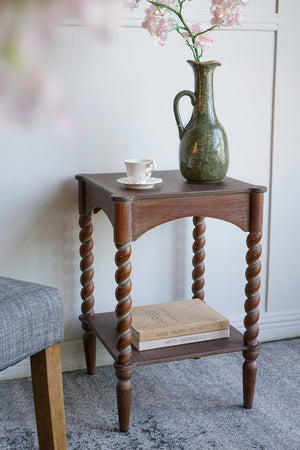 English Elm 15.5x15.5x23.5" Farmhouse Wood Side Table Barley Twist Legs Tiered Open Shelving W2078P460667