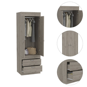 English Elm Lisboa armoire with rod and two roomy drawers, double-door storage cabinet with sleek metal pulls and modern flair Light Gray 74 L x 23 W x 4 H B200P242410