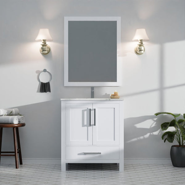 English Elm White Bath Vanity Set With Carrara Marble Top, Chrome Faucet & 28" Mirror - Elegant Bathroom Upgrade B2731S01248-GIGA