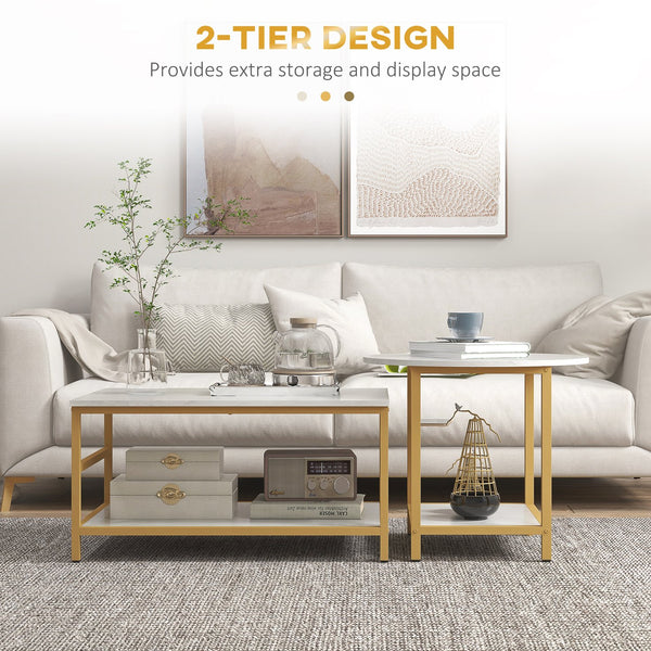 English Elm HOMCOM Modern 2-Piece Marble Top Coffee Table Set with Gold Steel Frame and 2-Tier Storage Shelves White W2225P200534