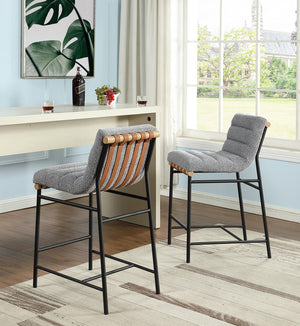 English Elm Liana Boucle Upholstered Counter Stool with Cognac Leather Accents and Iron Legs Gray B2749P413186
