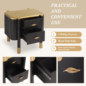 English Elm Contemporary Two Drawer Nightstand Curved Profile Feather Handles Exposed Legs Bedroom Black N761P285711B