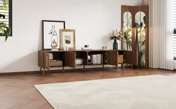 English Elm 78 Inch Walnut Entertainment Center Fluted Doors Solid Wood Legs for Living Room N710P372559P