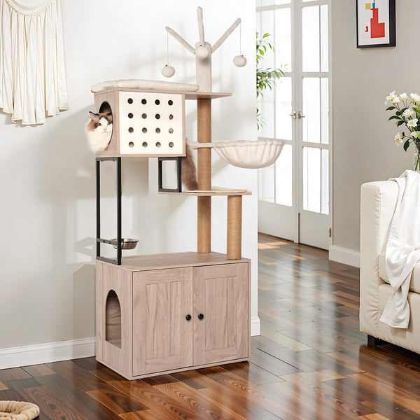 English Elm Cat Condo Tower with Hidden Litter Enclosure Sisal Posts and Feeding Station W1687P304380