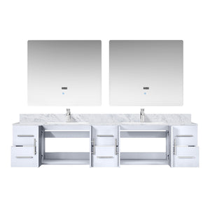 English Elm Glossy White Double Bath Vanity 84" W x 22" D with Carrara Marble Top, Chrome Faucet, LED Mirrors B2731S01053