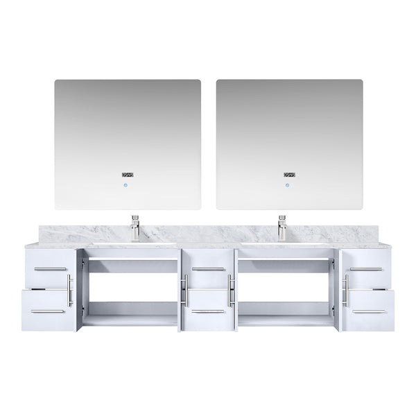 English Elm Glossy White Double Bath Vanity 84" W x 22" D with Carrara Marble Top, Chrome Faucet, LED Mirrors B2731S01053