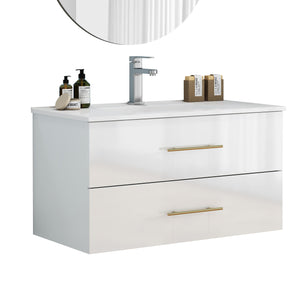 English Elm 36-Inch Modern Wall-Mounted Bathroom Vanity With Ceramic Sink, Gold Handle, Easy Installation & Storage W3151S00055