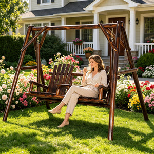 English Elm Wooden Fir Log A-frame Porch Swing Freestanding 2 Seat with Built-in Center Table T3971S00230