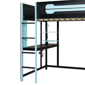 English Elm Full Size Gaming Loft Bed with Rgb Lighting Integrated Desk and Open Wardrobe Blue N820S00073C
