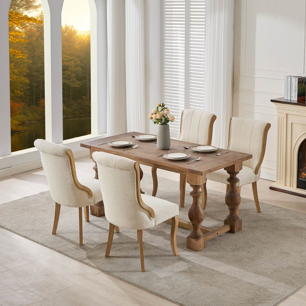 English Elm Snow Velvet dining chair with mid-century curved wood trim, plush foam support, sturdy solid wood craftsmanship and sculpted legs for elegant dining and lounge seating Beige W1143P332691