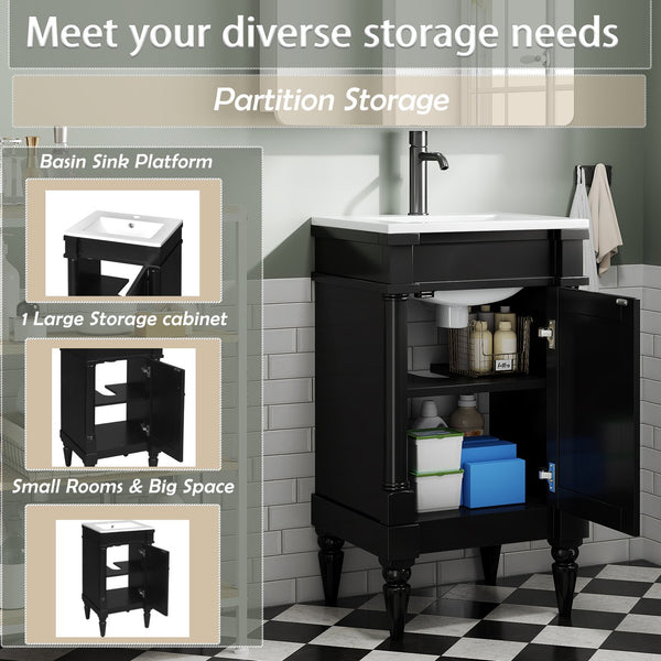 English Elm 18-Inch Modern Bathroom Vanity with Sink Compact Retro Design Durable MDF & Solid Wood Legs Storage-Friendly Black N710P257401B