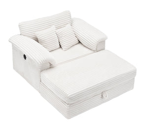 English Elm 47.24-inch corduroy armchair with storage ottoman and USB ports, spring seat, solid wood frame lounge White W3356S00024