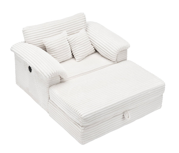 English Elm 47.24-inch corduroy armchair with storage ottoman and USB ports, spring seat, solid wood frame lounge White W3356S00024