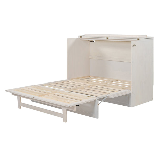 English Elm Full Size Murphy Bed Rattan Cabinet with Storage Drawers and Gold Hardware N708S00005AAK