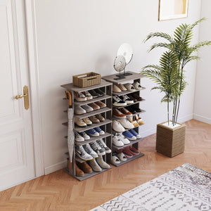 English Elm Shoe 7-Tier Vertical Shoe Rack with Hooks - Rustic Gray Organizer for 12-14 Pairs, Space-Saving Entryway W3151P346291