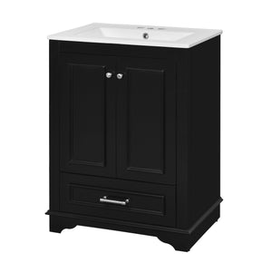 English Elm 24'' Bathroom Vanity with Ceramic Sink Combo Modern Freestanding MDF Cabinet with Soft-Close Doors and Sleek Silver Handles for Spacious Organized Bathroom Storage Black N710P194893B