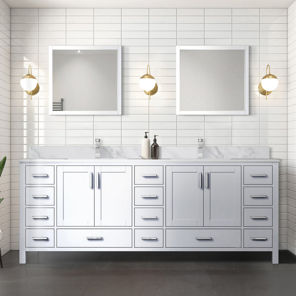 English Elm White Double Bath Vanity 84" W x 22" D with Carrara Marble Top, 14 Drawers, Soft-Close, Faucet Included B2731P259146
