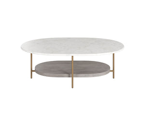 Sunpan Deja Coffee Table - Mid-Century Inspired Oval Design with White Marble & Grey Acacia Wood Shelf