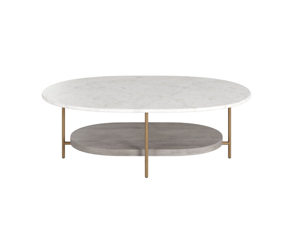 Sunpan Deja Coffee Table - Mid-Century Inspired Oval Design with White Marble & Grey Acacia Wood Shelf