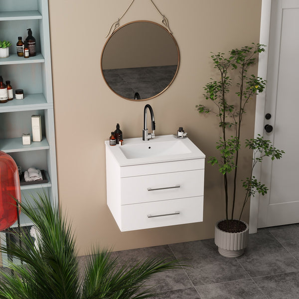 English Elm 24-Inch White Gloss Wall-Mounted Bathroom Vanity With Soft-Close Drawers & Sleek Ceramic Sink W3151S00016