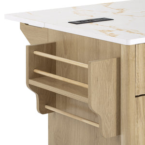 English Elm K&k Fluted Rolling Kitchen Island Faux Marble Top Power Outlet Storage Drawers Natural N707P353945Y
