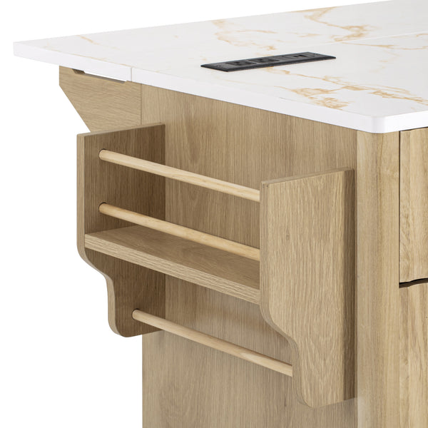 English Elm K&k Fluted Rolling Kitchen Island Faux Marble Top Power Outlet Storage Drawers Natural N707P353945Y