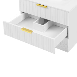 English Elm 24inch Bathroom Vanity with Ceramic Basin Sink, Wall-Mounted Double Drawer Cabinet for Small Baths White N710P324097K